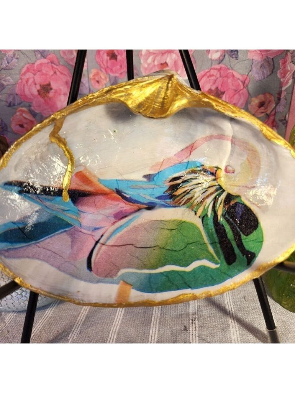 DECOUPAGE CLAM SHELL DECOUPAGE ART DECO DUCK ON A CLAM SHELL TRINKET DISH
